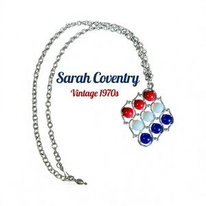 Sarah Coventry Three Cheers Necklace Silver Toned Metal Red White Blue Vintage